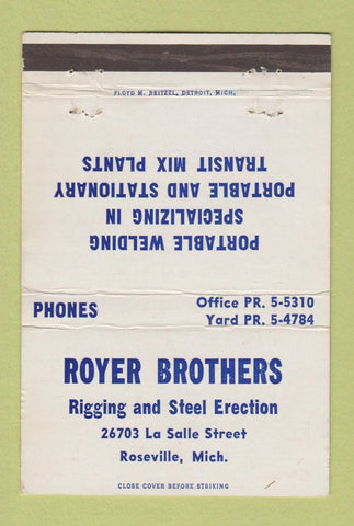 Matchbook Cover - Royer Brothers Rigging Steel Erection Roseville MI 40 Strike