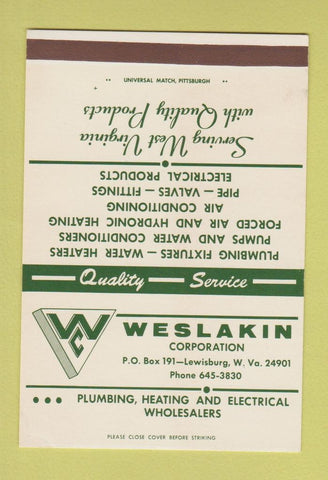 Matchbook Cover - Westlakin Corp Lewisburg WV Plumbing Heating 40 Strike