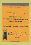 Matchbook Cover - West Personnel Temporary Work Berwyn Lombard IL 40 Strike