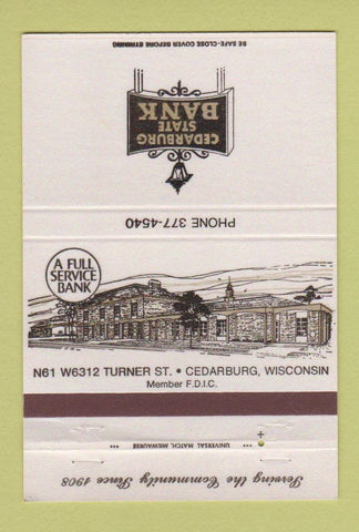 Matchbook Cover - Cedarburg State Bank WI 40 Strike