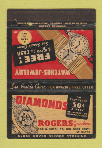 Matchbook Cover - Diamonds Rogers Jewelers St Louis MO WEAR 40 Strike