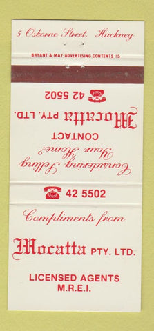 Matchbook Cover - Mocatta Hackney UK England 30 Strike