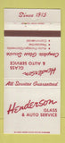 Matchbook Cover - Henderson Glass Auto Service Detroit MI 30 Strike
