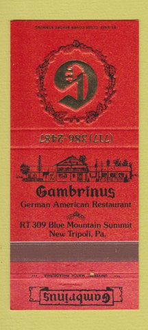 Matchbook Cover - Gambrinus German Restaurant New Tripoli PA 30 Strike