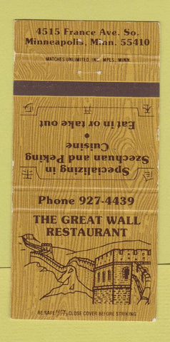 Matchbook Cover - Great Wall Restaurant Chinese Minneapolis MN 30 Strike