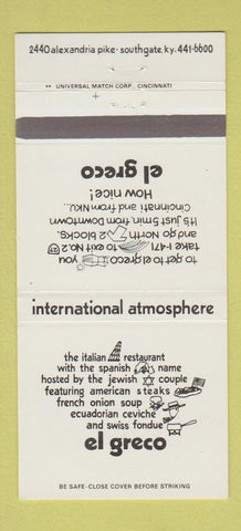 Matchbook Cover - El Greco Restaurant Southgate KY 30 Strike
