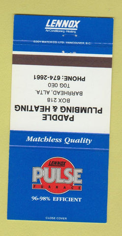 Matchbook Cover - Lennox Heating Paddle Plumbing Barrhead AB 30 Strike