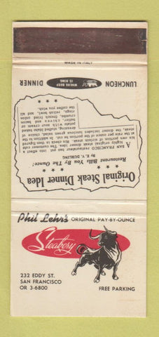 Matchbook Cover - Phil Lehr's Steakery Steak San Francisco CA WEAR 30 Strike