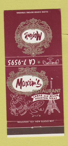 Matchbook Cover - Maxim's Restaurant Houston TX Eiffel Tower 30 Strike