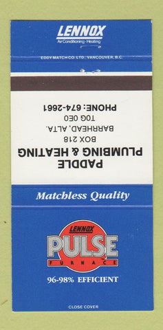 Matchbook Cover - Lennox Heating Paddle Plumbing Barrhead AB 30 Strike