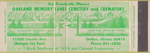 Matchbook Cover - Pakland Memory Lanes Cemetry Dalton IL CREASE