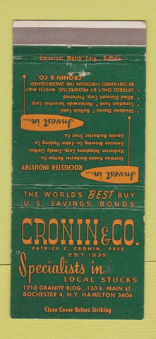 Matchbook Cover - Patrick Cronin Stocks Bonds Rochester NY WEAR 30 Strike