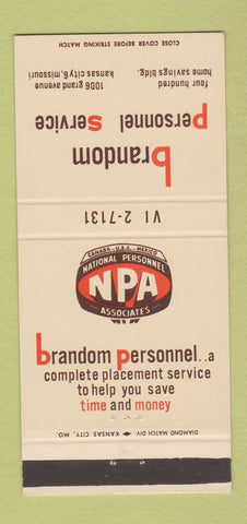 Matchbook Cover - Brandom Personnel Employment Kansas City MO 30 Strike