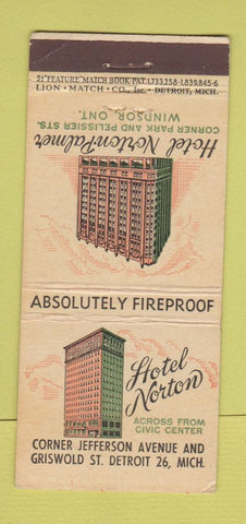 Matchbook Cover - Hotel Norton Detroit MI Windsor ON 21 Strike Feature