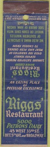 Matchbook Cover - Rigg's Restaurant New  York City Albert Pick 30s WEAR