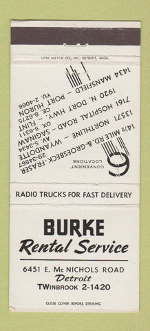 Matchbook Cover - Burke Rental Service Detroit MI 30 Strike