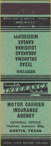 Matchbook Cover - Motor Carrier Insurance Austin TX Baton Rouge LA Abilene
