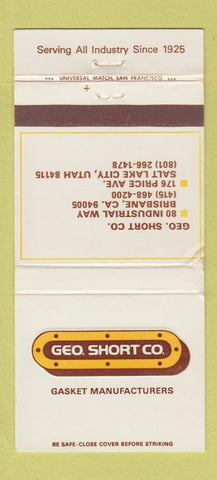 Matchbook Cover - Geo Short Gaskets Salt Lake City UT Brisbane CA WEAR 30 Strike