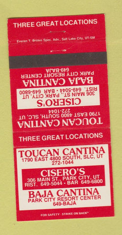 Matchbook Cover Toucan Cantina Salt Lake City UT Park City UT Mexican 30 Strike