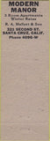 Matchbook Cover - Modern Manor Santa Cruz CA