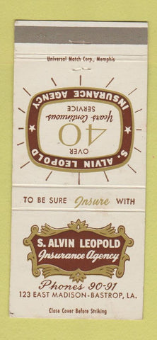 Matchbook Cover - S Alvin Leopold Insurance Bastrop LA 30 Strike