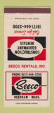 Matchbook Cover - Beeco Rentals Needham MA construction equipment 30 Strike