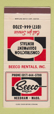 Matchbook Cover - Beeco Rentals Needham MA construction equipment 30 Strike