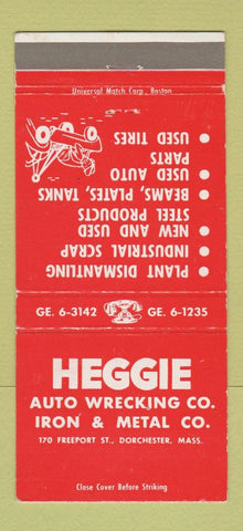 Matchbook Cover - Heggie Auto Wrecking Iron Metal Dorchester MA WEAR 30 Strike