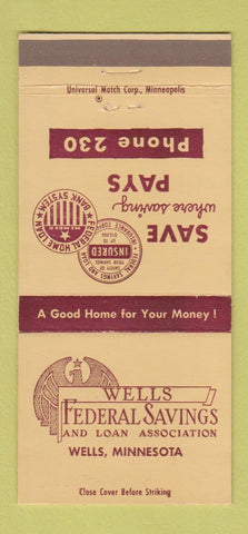 Matchbook Cover - Wells Federal Savings Wells MN 30 Strike