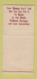 Matchbook Cover - Wells Federal Savings Wells MN 30 Strike
