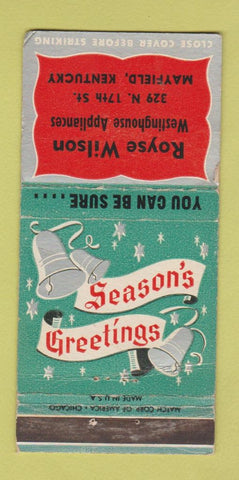 Matchbook Cover Royse Wilson Westinghouse Appliances Mayfield KY WEAR 30 Strike