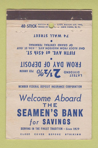 Matchbook Cover - Seaman's Bank New York City WEAR 40 Stick