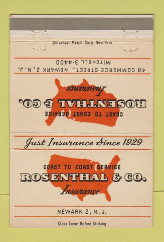 Matchbook Cover - Rosenthal Insurance Newark NJ 40 Strike
