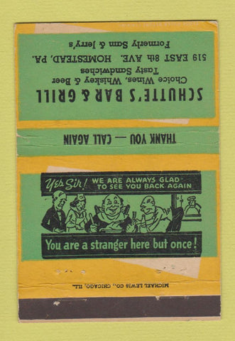 Matchbook Cover - Schutte's Bar Grill Homstead PA 40 Strike