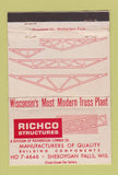 Matchbook Cover - Richco Structures Truss Shebyogan Falls WI WEAR 40 Strike
