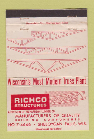Matchbook Cover - Richco Structures Truss Shebyogan Falls WI WEAR 40 Strike