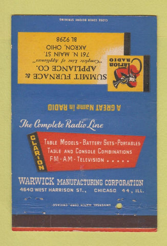 Matchbook Cover - Clarion Radio Summit Appliance Akron OH 40 Strike