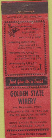 Matchbook Cover - Golden State Winery Los Angeles CA