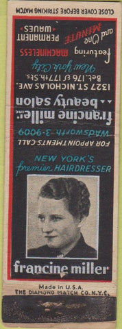Matchbook Cover - Francine Miller Beauty Salon New York City girlie WEAR