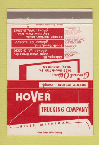 Matchbook Cover - Hover Trucking Company Niles MI  40 Strike