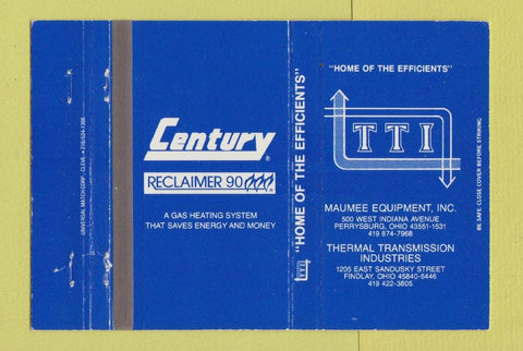 Matchbook Cover - Century Reclaimer Gas Heating Findlay Perrysburg OH 40 Strike