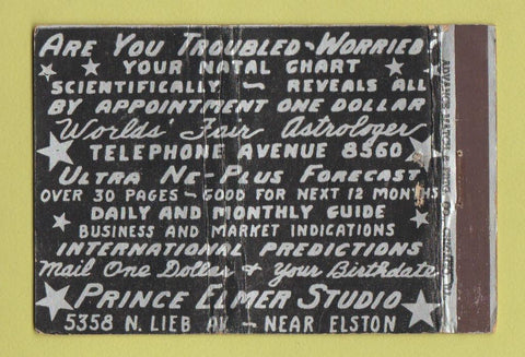 Matchbook Cover - Prince Elmer Studio Astrology Chicago IL? ADVANCE 40 Strike