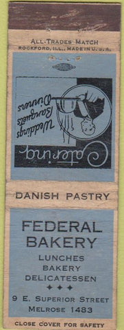 Matchbook Cover - Federal Bakery Danish Pastry NO TOWN WORN