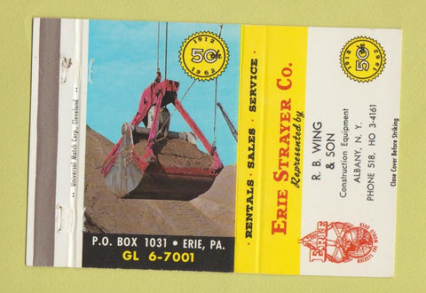 Matchbook Cover Erie Strayer RB Wing Construction Equipment Albany NY 40 Strike