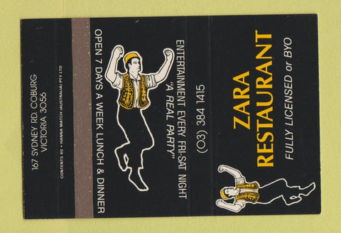 Matchbook Cover - Zara Restaurant Victoria Austrlia SAMPLE 40 Strike