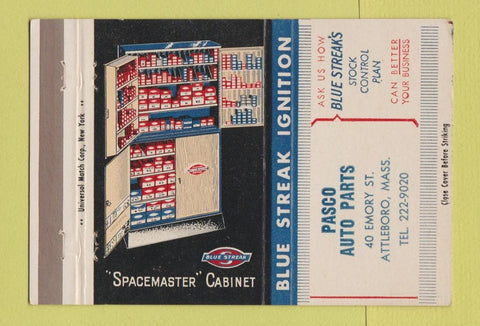 Matchbook Cover - Blue Streak Ignition Auto Parts Attleboro MA Pasco 40 Strike
