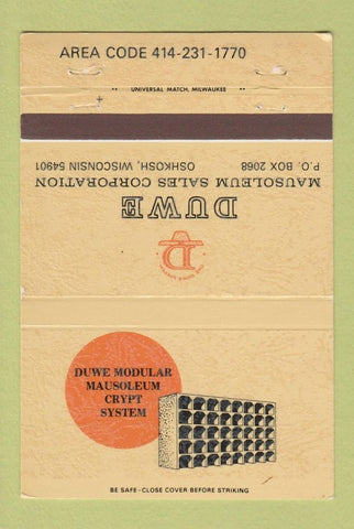 Matchbook Cover - Duwe Mausoleum Crypt System Oshkosh WI 40 Strike