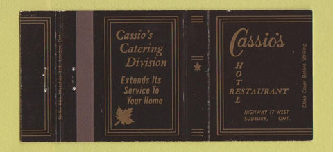 Matchbook Cover - Cassio's Hotel Restaurant Sudbury ON 30 Strike