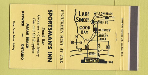 Matchbook Cover - Sportsman's Inn Keswick ON Miami Beach YELLOW 30 Strike