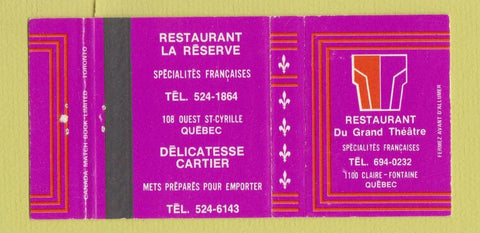 Matchbook Cover - Restaurant Du Grand Theatre Fontaine QC 30 Strike